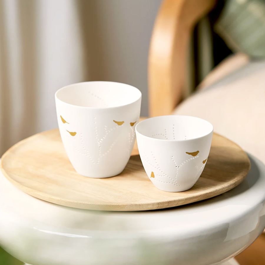 Porcelain Tealight Holder - Gold Birds