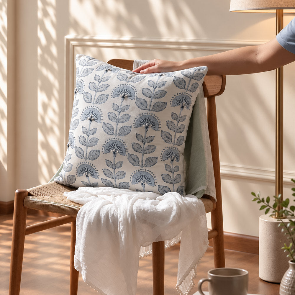 Pomegranate Embroidered Cushion Cover 45x45cm - White Blue