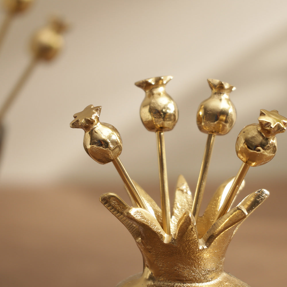 Pomegranate Metal Appetizer Picks, Set of 6 - Gold