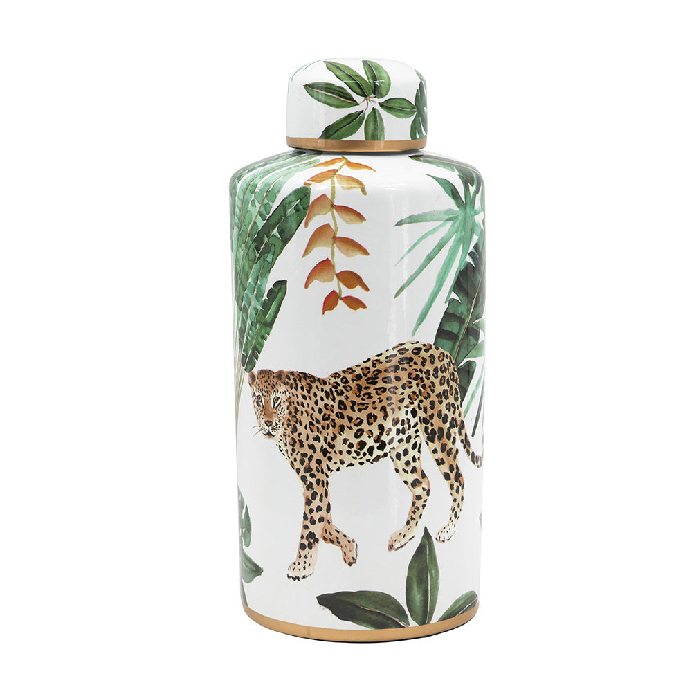 Porcelain Lidded Jar Tall - Jaguar Jungle