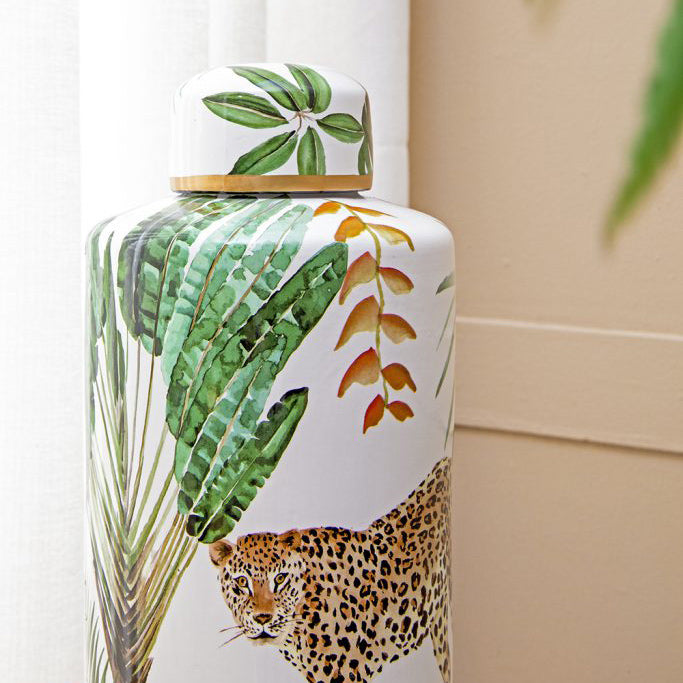 Porcelain Lidded Jar Tall - Jaguar Jungle