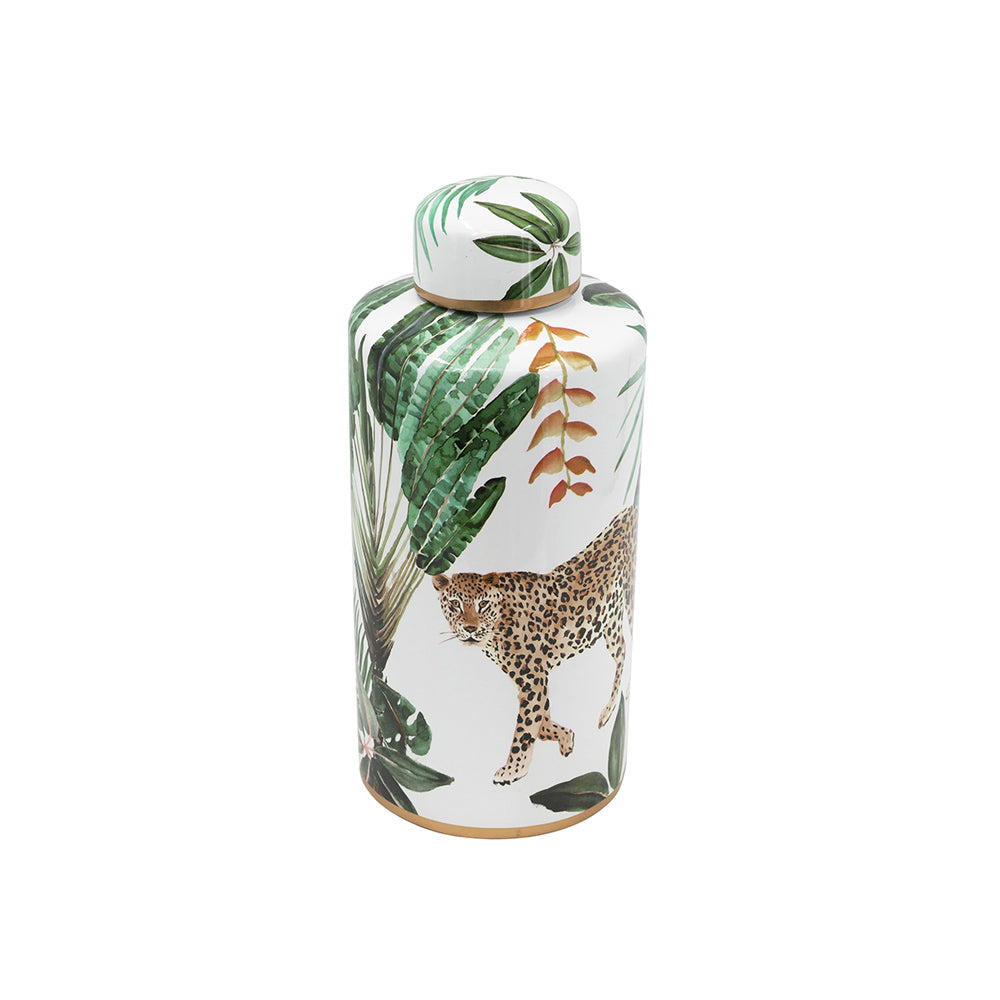 Porcelain Lidded Jar Tall - Jaguar Jungle