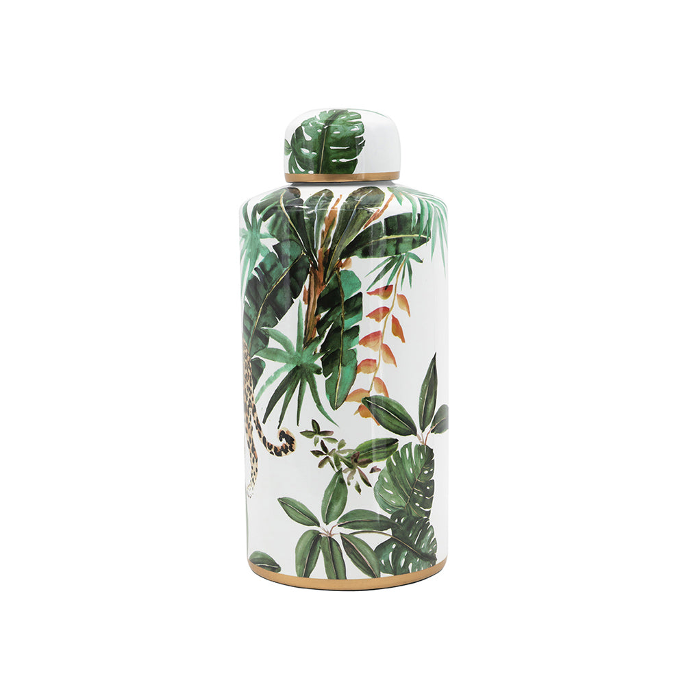 Porcelain Lidded Jar Tall - Jaguar Jungle