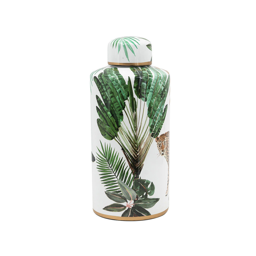 Porcelain Lidded Jar Tall - Jaguar Jungle