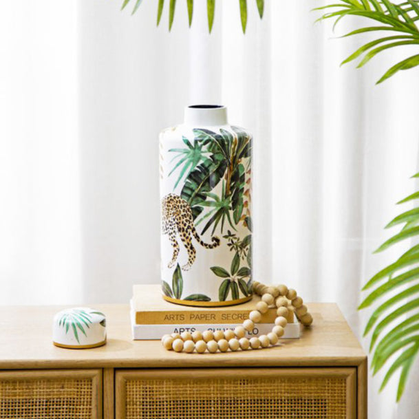 Porcelain Lidded Jar Tall - Jaguar Jungle