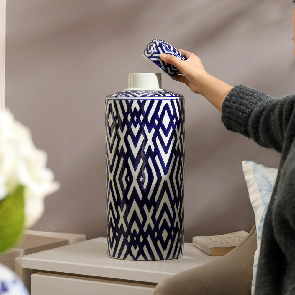 Porcelain Lidded Jar Tall - Blue Chevron