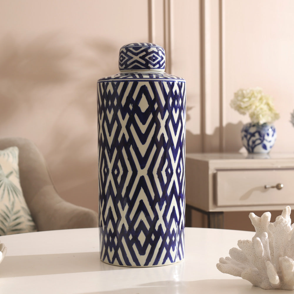 Porcelain Lidded Jar Tall - Blue Chevron