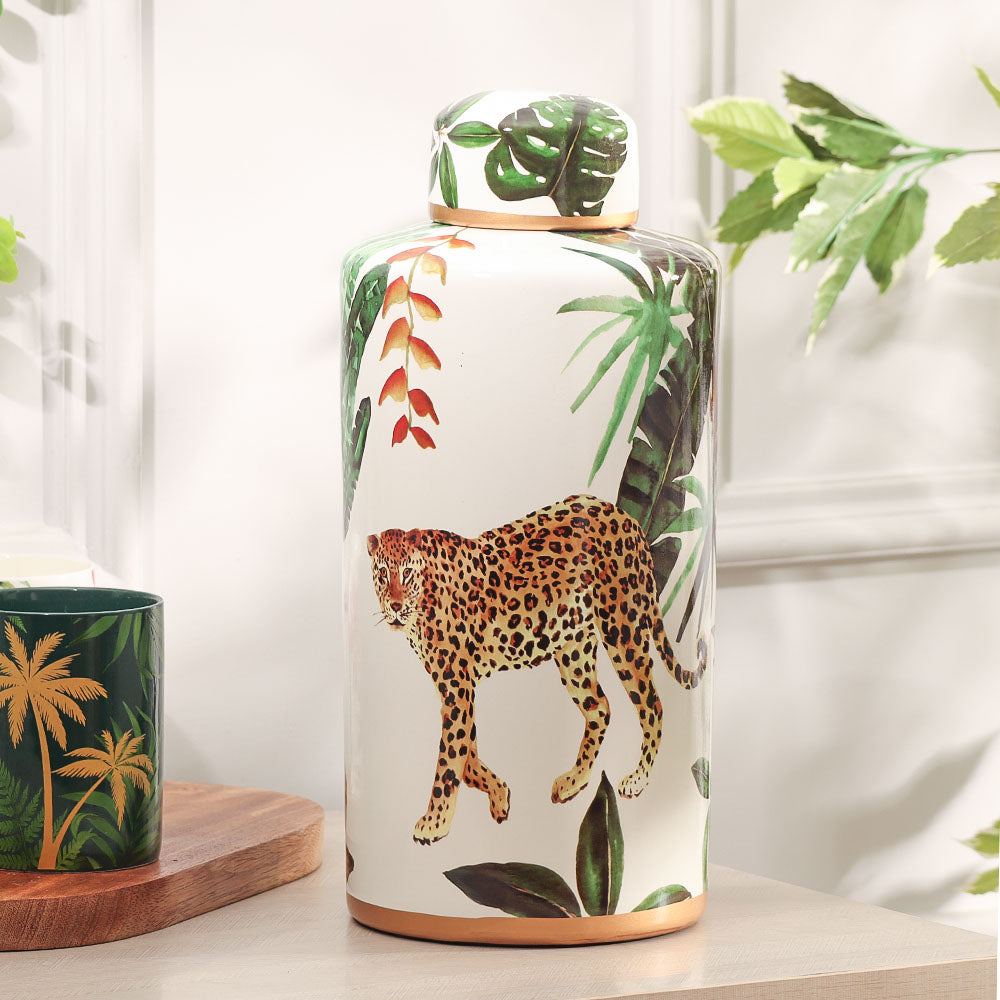 Porcelain Lidded Jar Tall - Jaguar Jungle