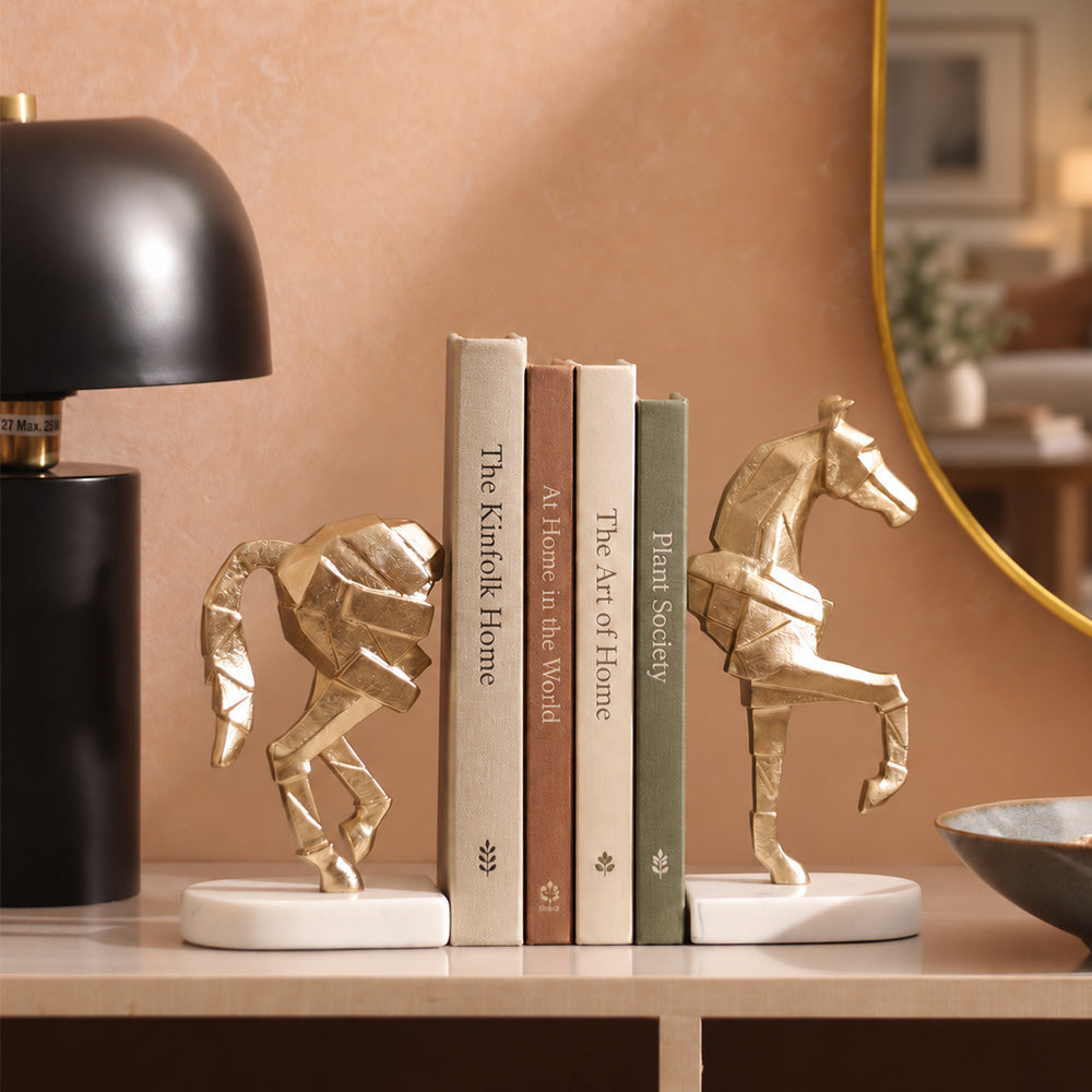 Prancing Horse Metal & Marble Bookends, Set of 2 - Gold White