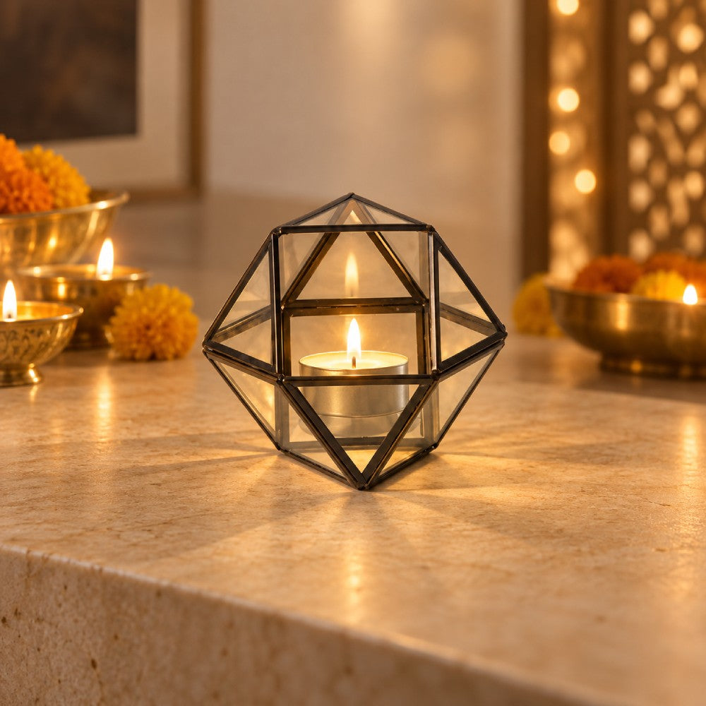 Prism Glass Tealight Holder - Black