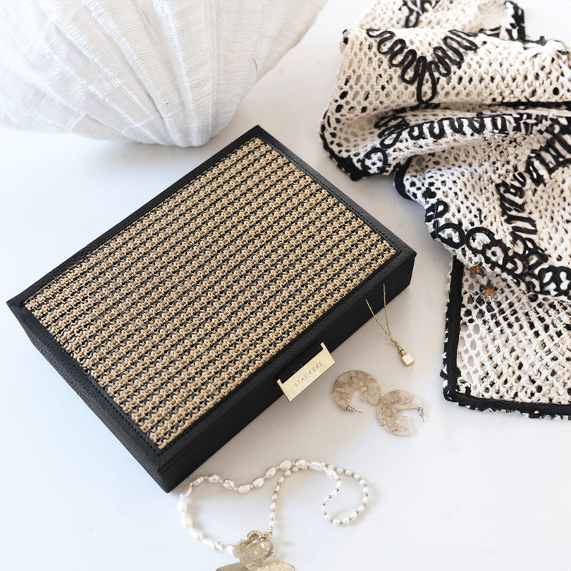Raffia Jewellery Box with Lid Medium - Black