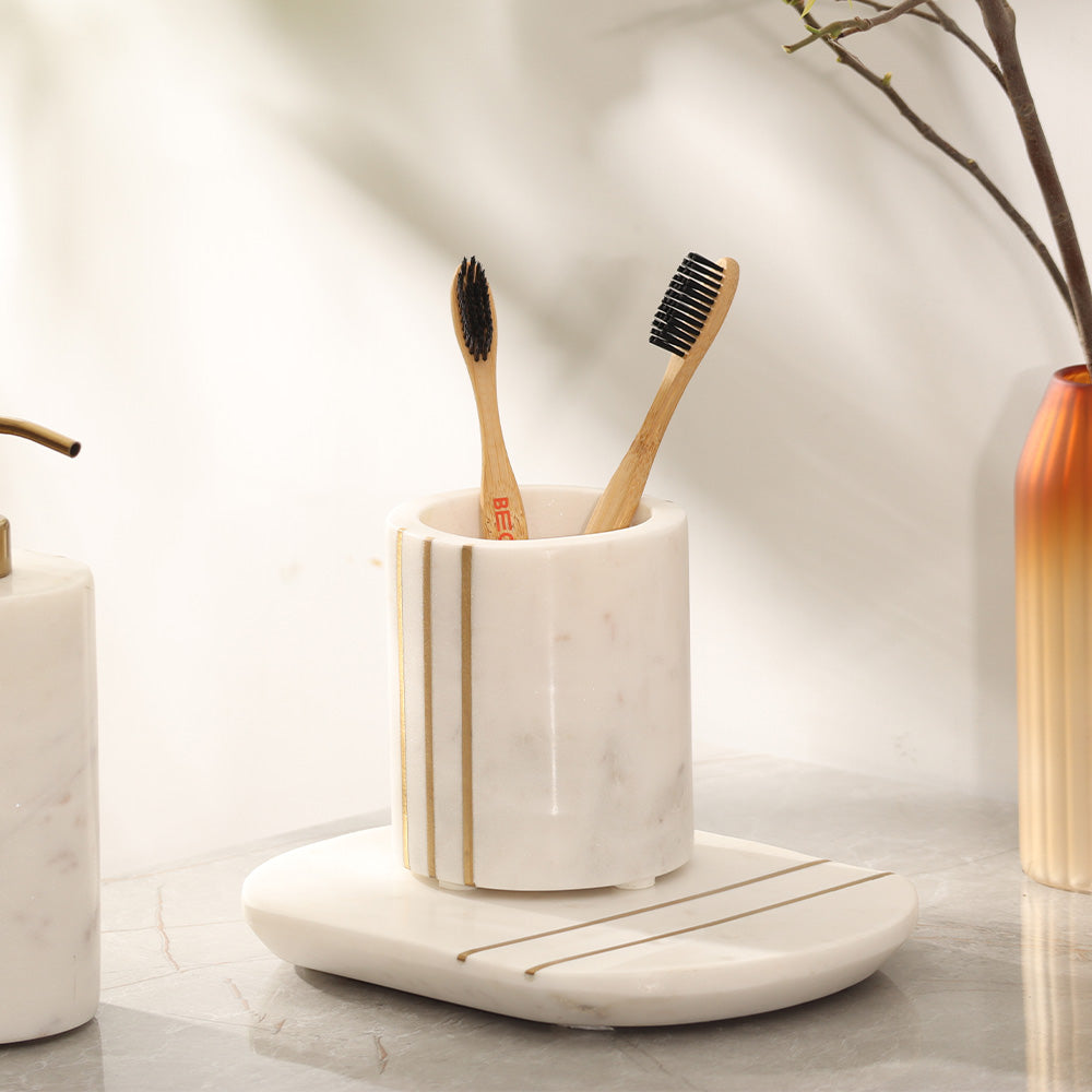 Raya Marble Toothbrush Tumbler - White Gold