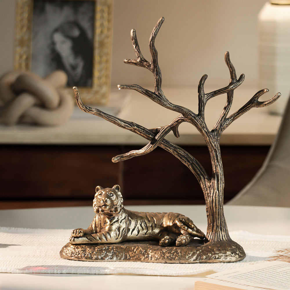 Relaxing Tiger Sculpture Medium - Antique Gold