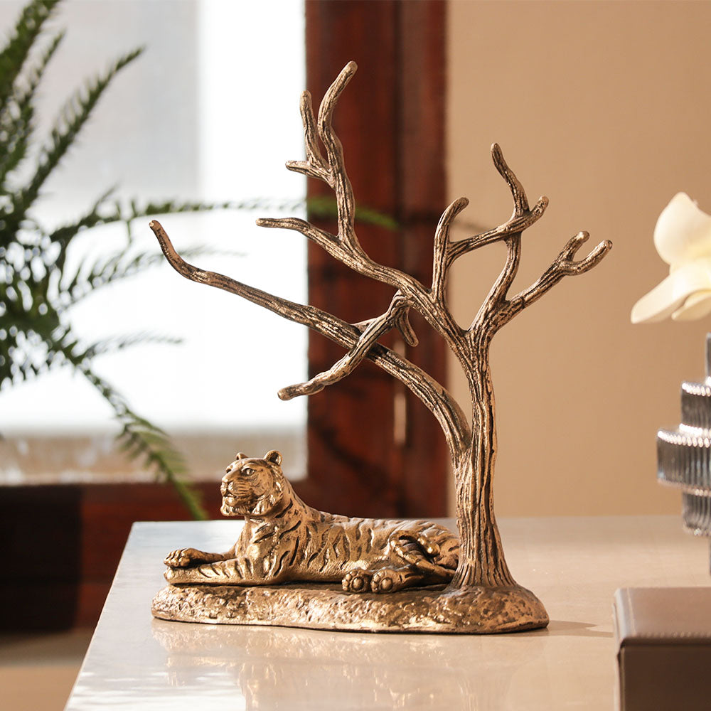 Relaxing Tiger Sculpture Medium - Antique Gold