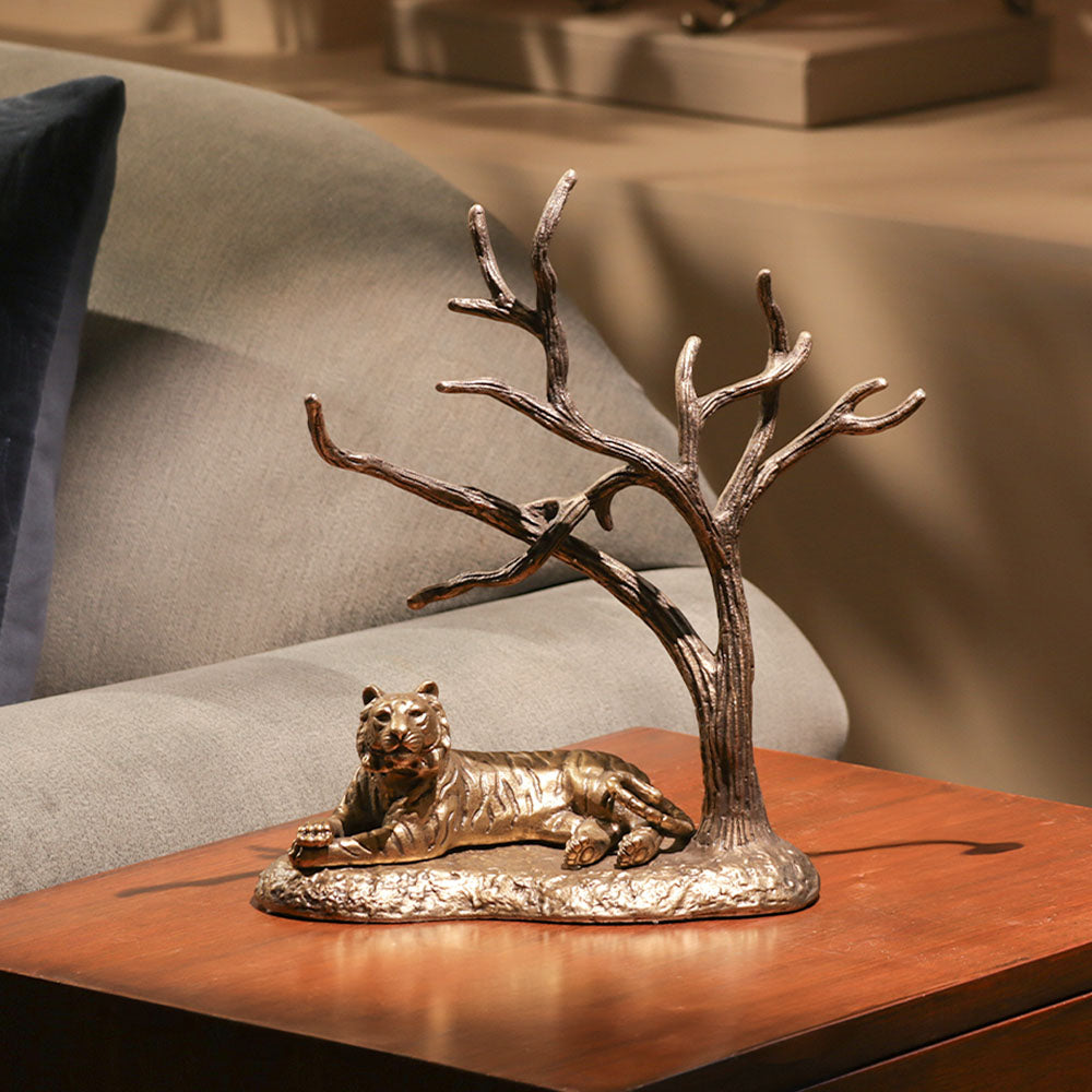 Relaxing Tiger Sculpture Medium - Antique Gold