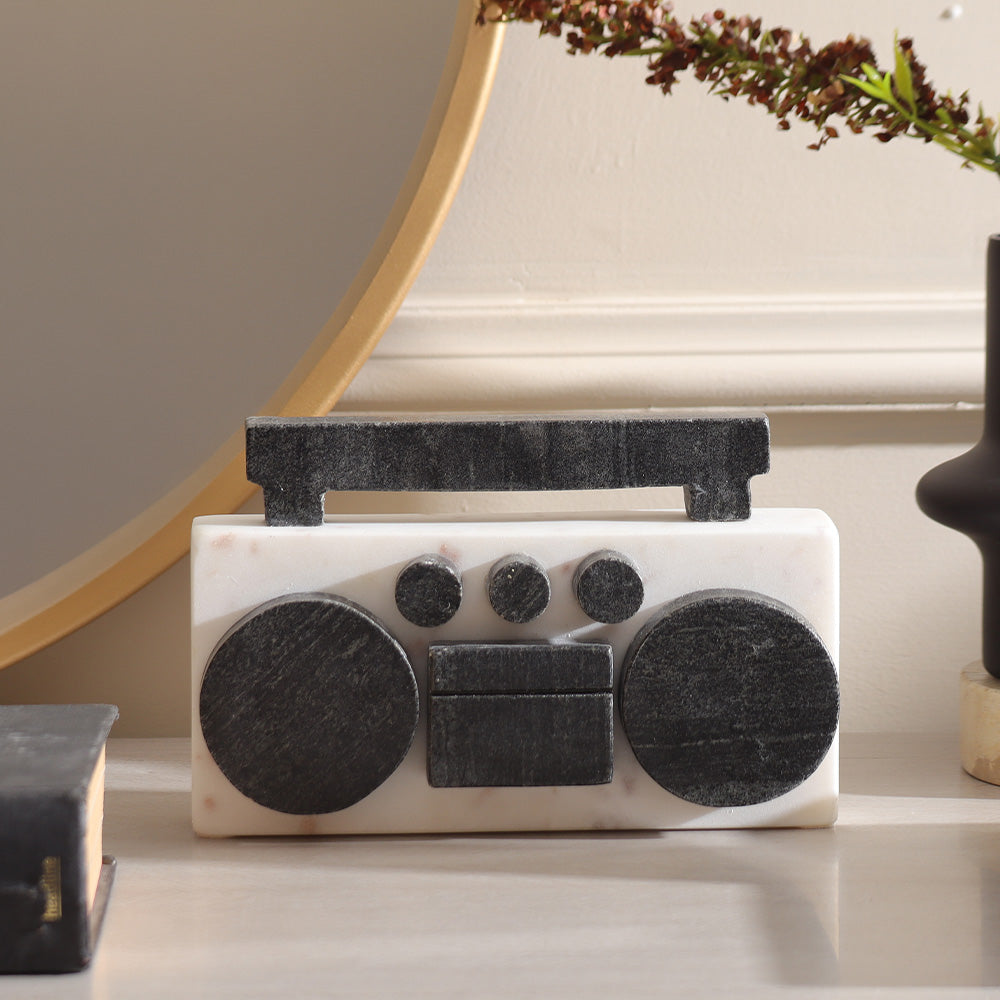 Retro Radio Marble Sculpture - Monochrome
