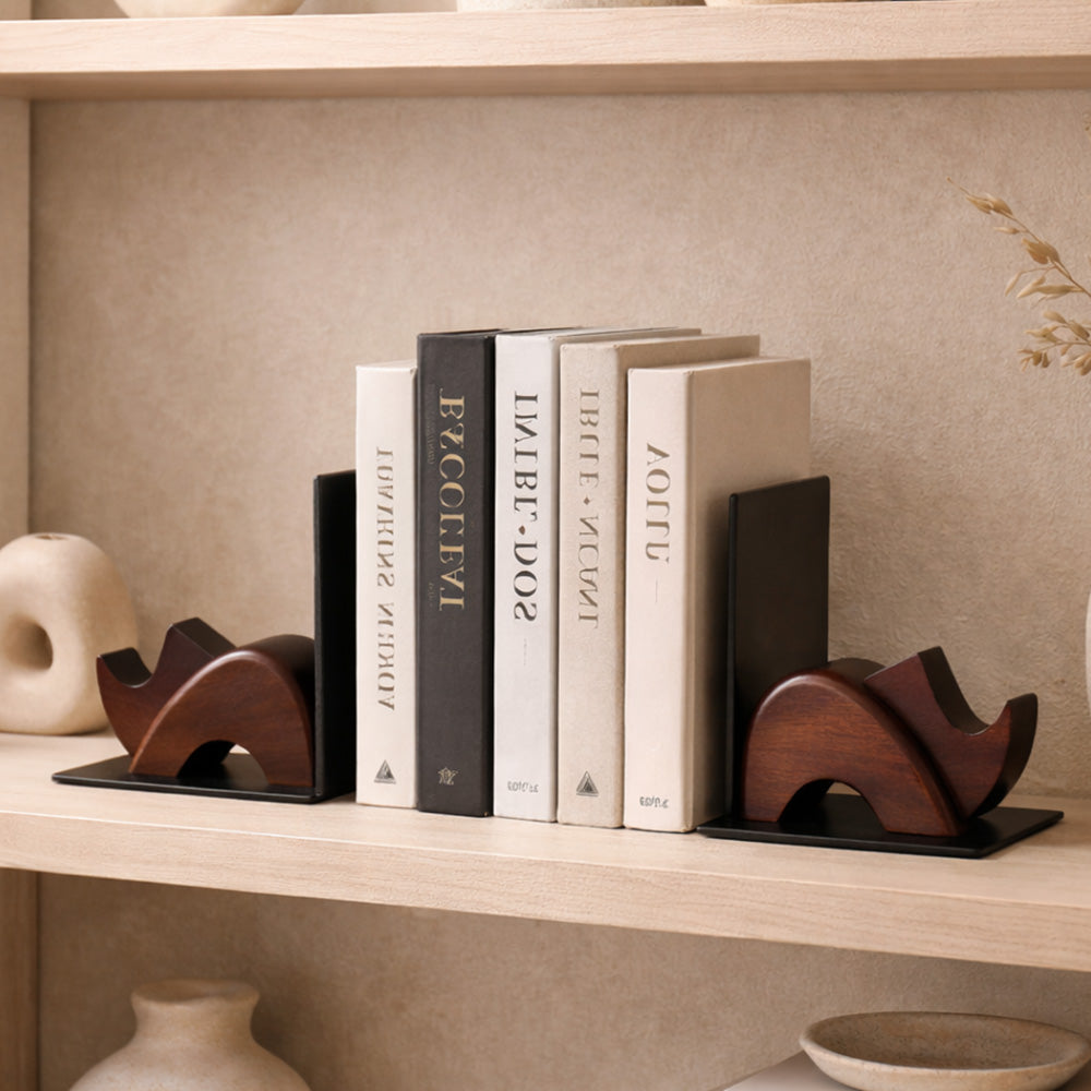 Rhino Metal and Wood Bookends, Set of 2 - Brown Black