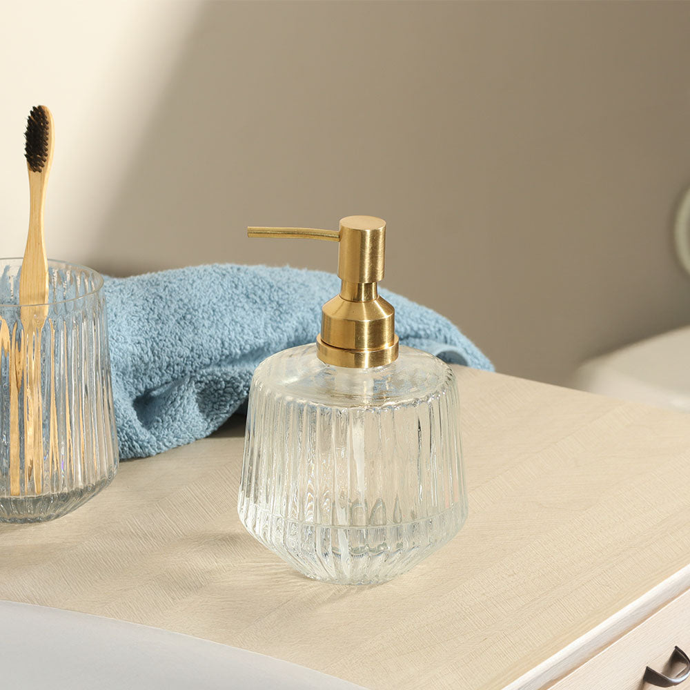 Ribbed Glass and Brass Soap Dispenser - Clear Gold