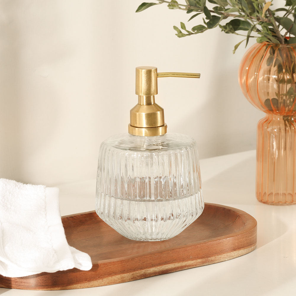 Ribbed Glass and Brass Soap Dispenser - Clear Gold