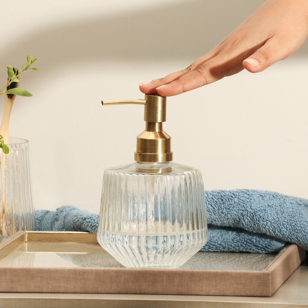 Ribbed Glass and Brass Soap Dispenser - Clear Gold