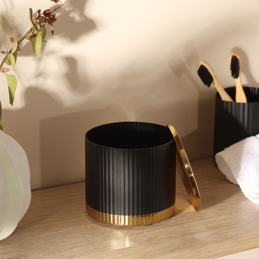 Ribbed Storage Jar with Lid - Black Gold