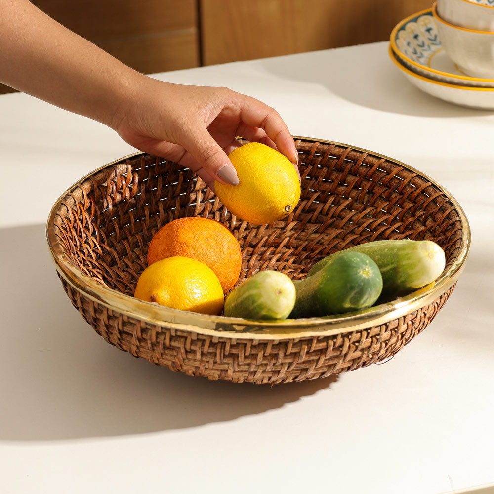 Rifah Rattan & Brass Fruit Basket Large - Brown Gold