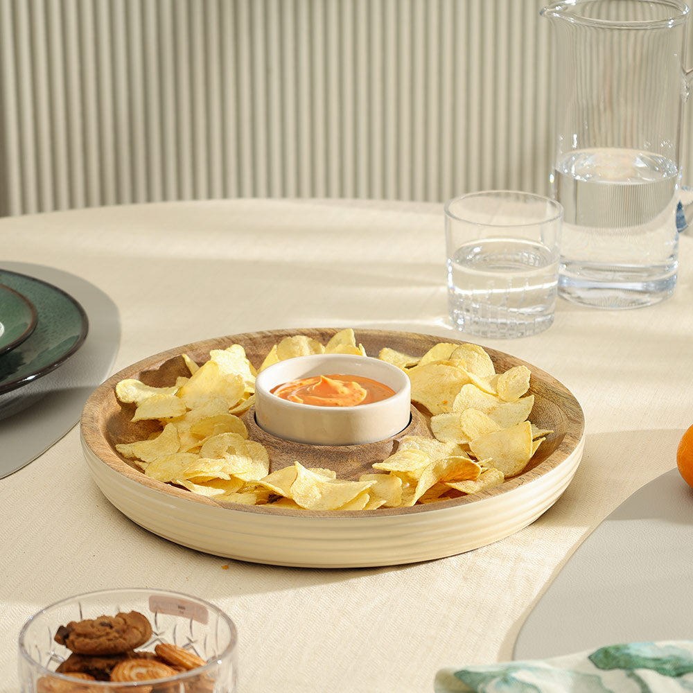 Riko Mango Wood Ribbed Chip and Dip Platter - Cream