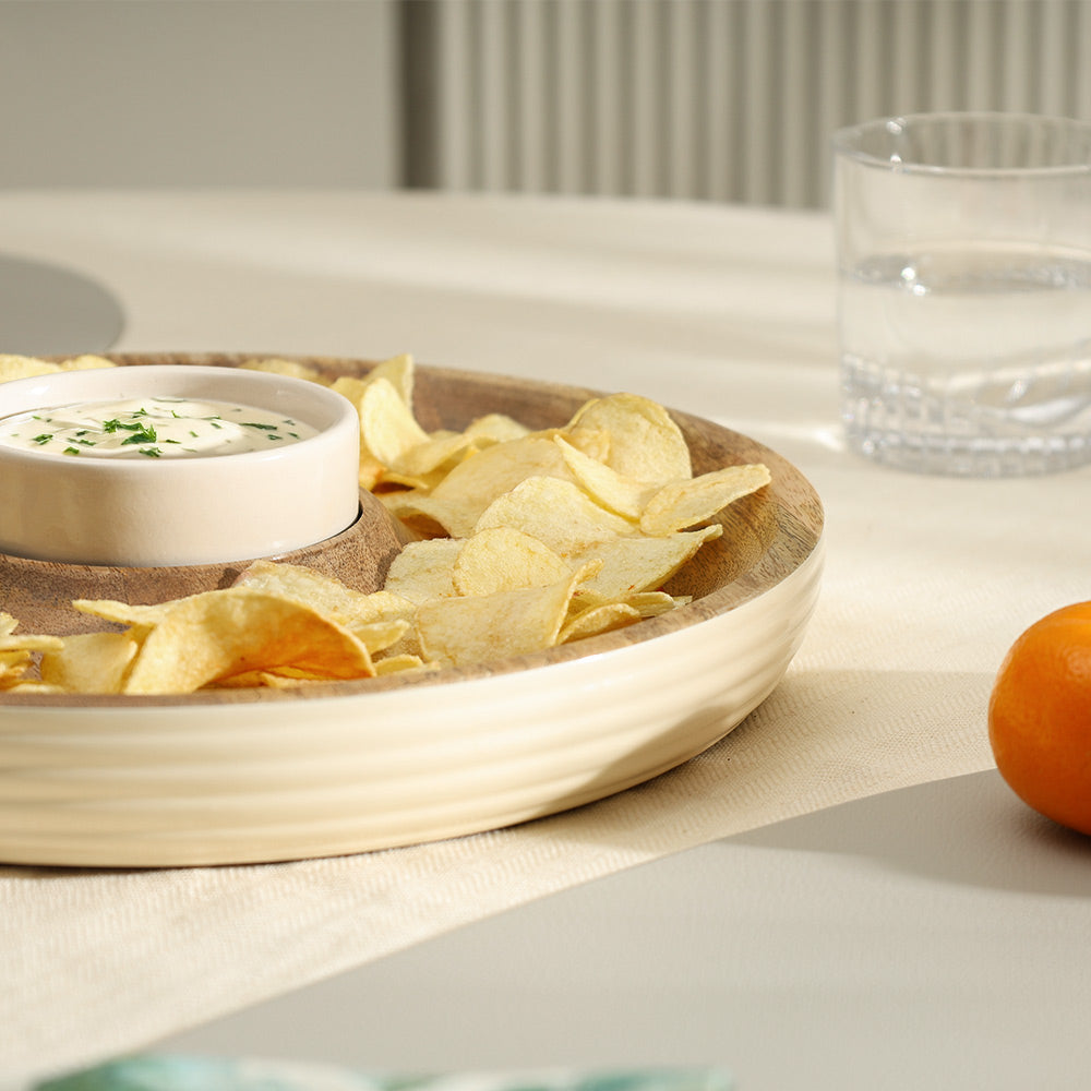 Riko Mango Wood Ribbed Chip and Dip Platter - Cream