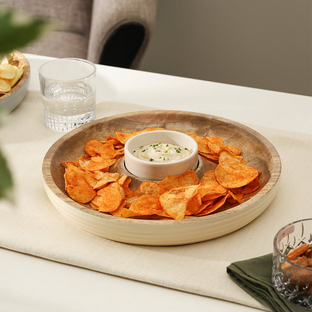 Riko Mango Wood Ribbed Chip and Dip Platter - Cream