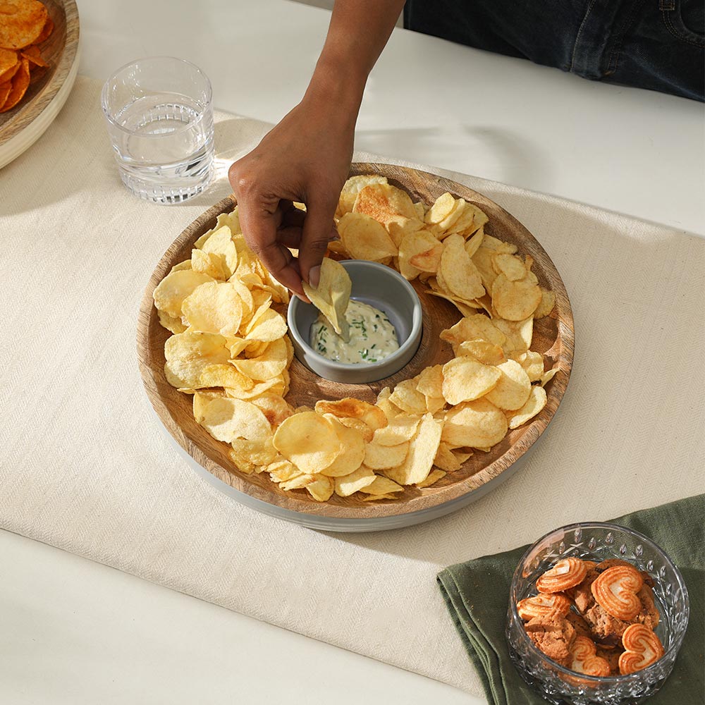 Riko Mango Wood Ribbed Chip and Dip Platter - Periwinkle