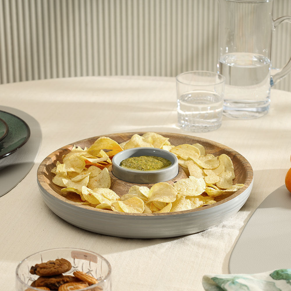 Riko Mango Wood Ribbed Chip and Dip Platter - Periwinkle