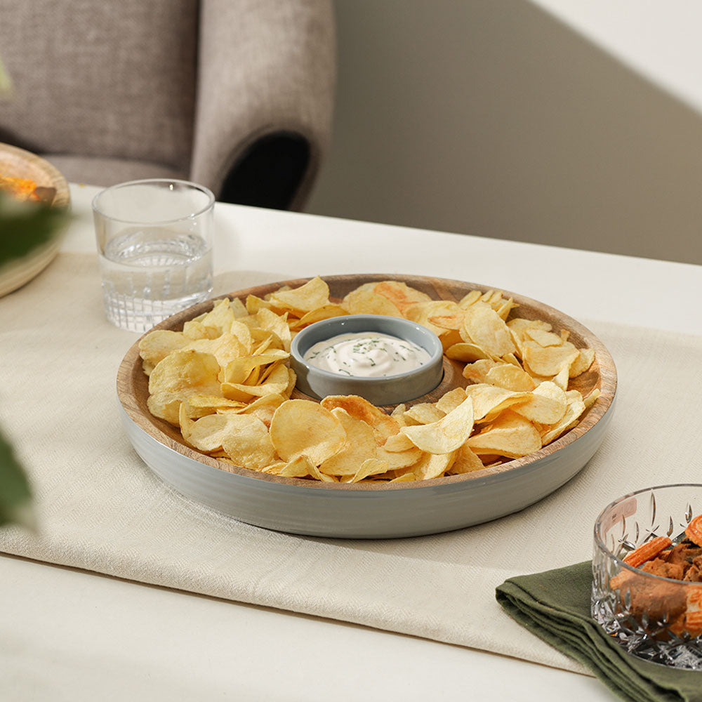 Riko Mango Wood Ribbed Chip and Dip Platter - Periwinkle