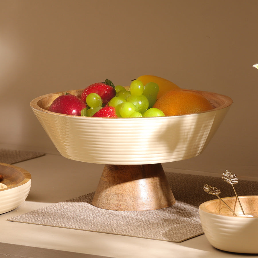 Riko Mango Wood Elevated Ribbed Bowl Large - Cream
