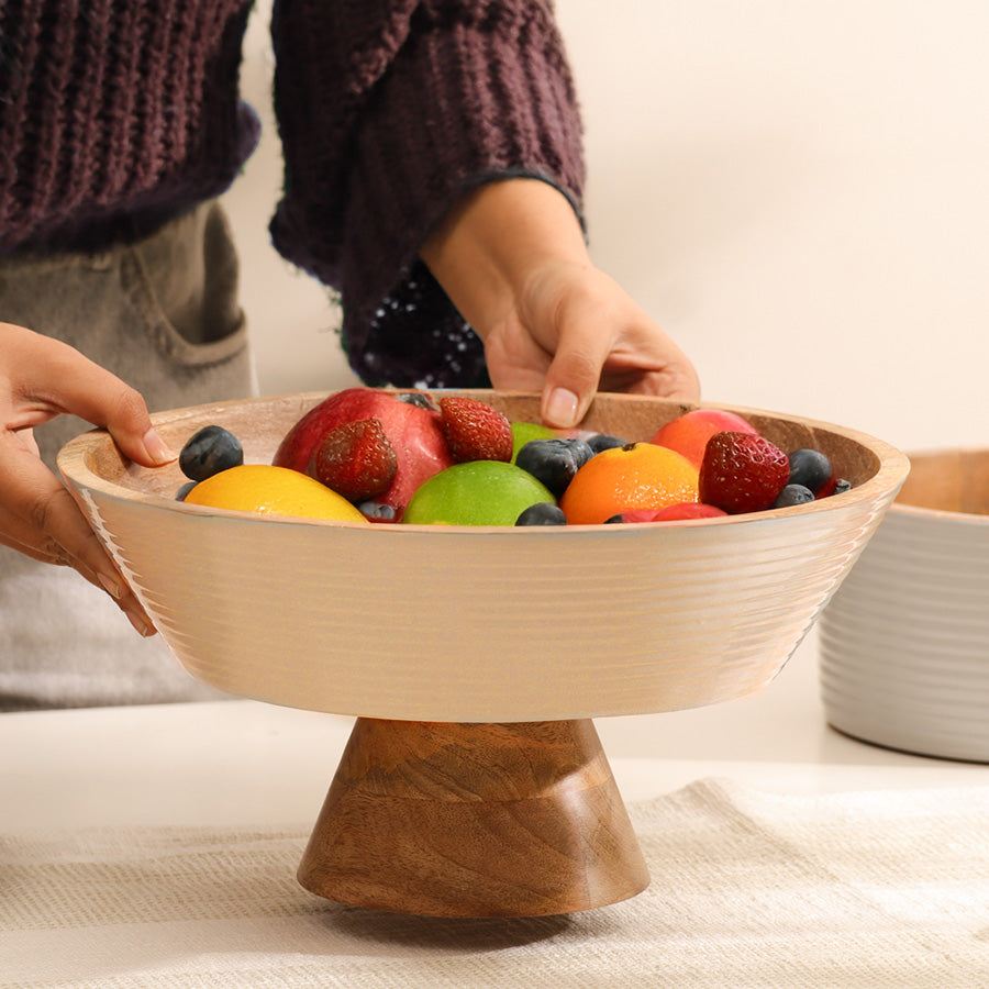 Riko Mango Wood Elevated Ribbed Bowl Large - Cream