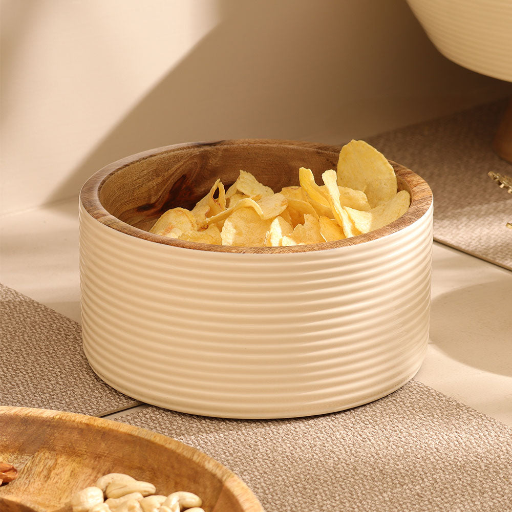 Riko Mango Wood Ribbed Bowl Medium - Cream
