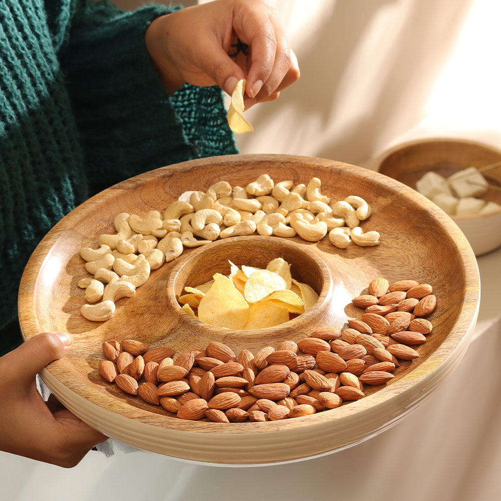 Riko Mango Wood Ribbed Chip and Dip Platter - Cream