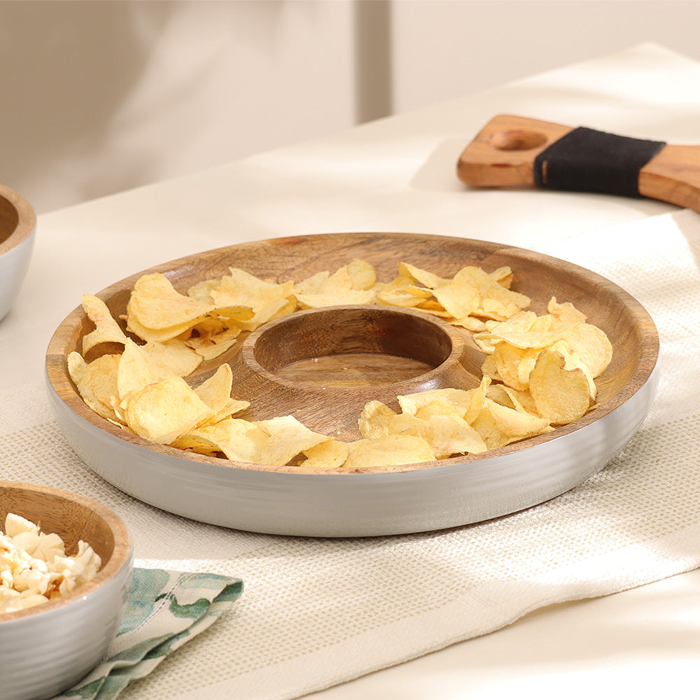 Riko Mango Wood Ribbed Chip and Dip Platter - Periwinkle