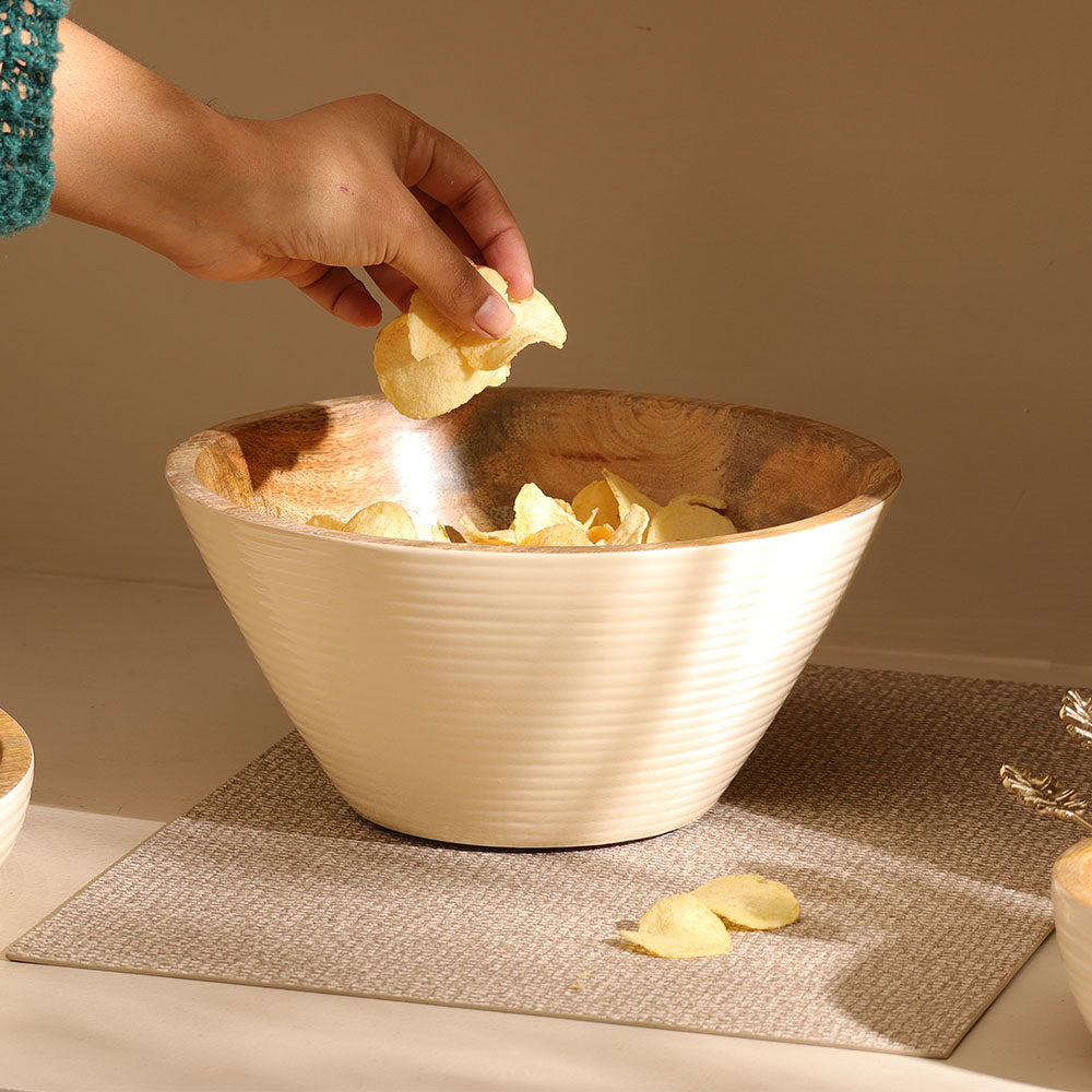 Riko Mango Wood Tapered Ribbed Bowl Large - Cream