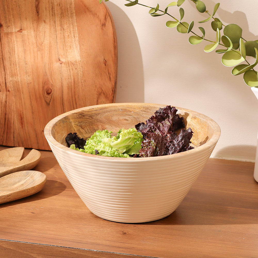 Riko Mango Wood Tapered Ribbed Bowl Large - Cream