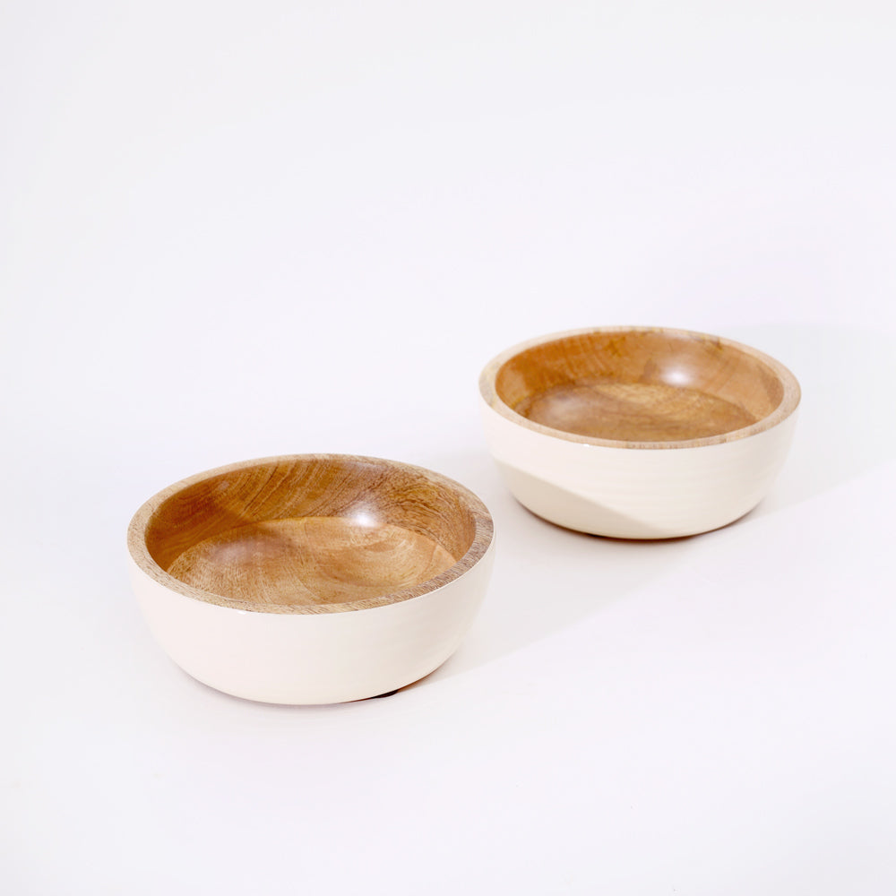 Riko Mango Wood Ribbed Bowls, Set of 2 - Cream