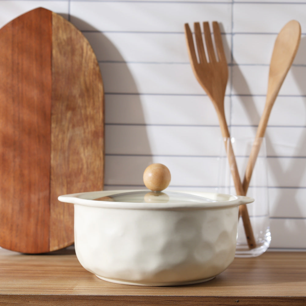 Roja Ceramic Serving Pot with Glass Lid - Ivory