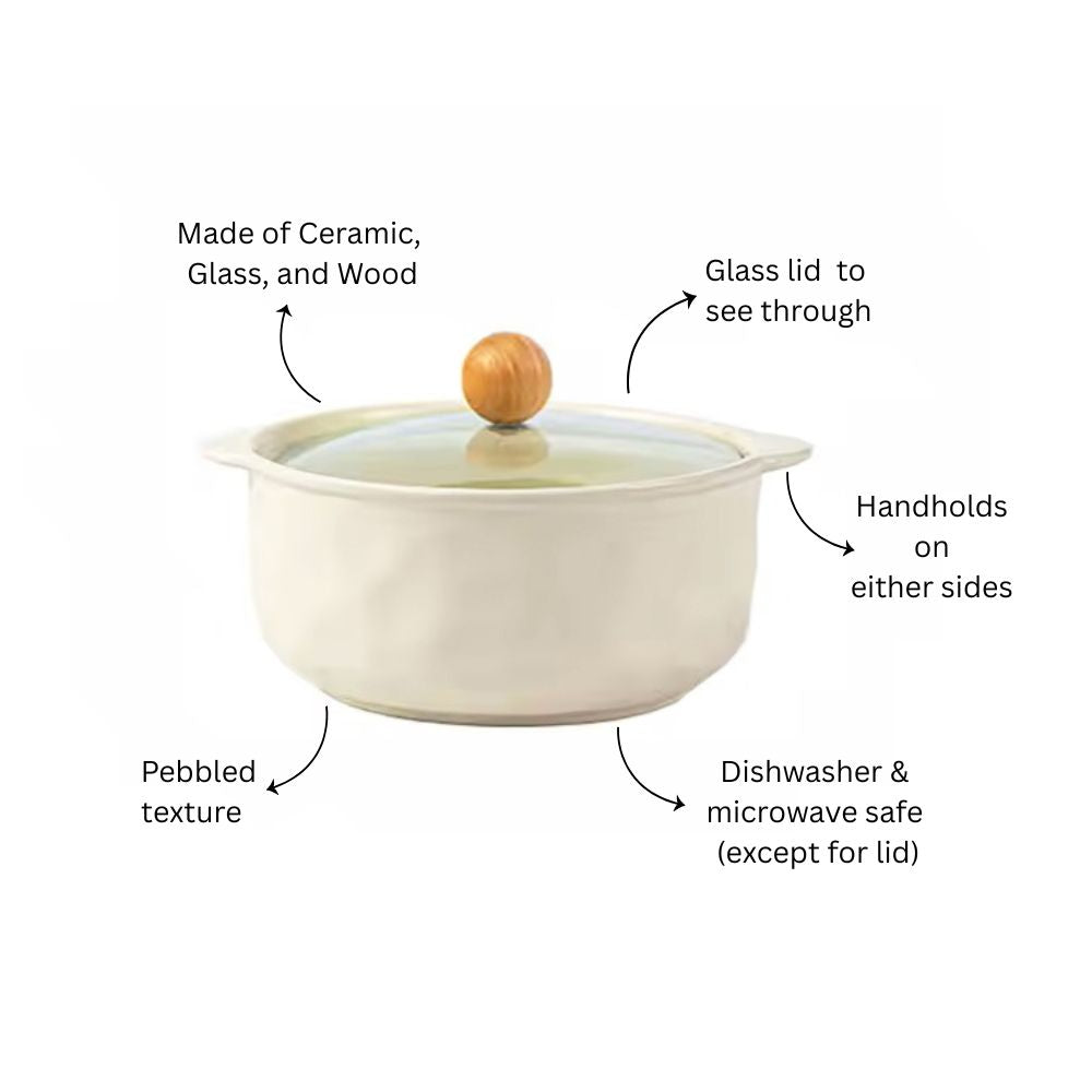 Roja Ceramic Serving Pot with Glass Lid - Ivory