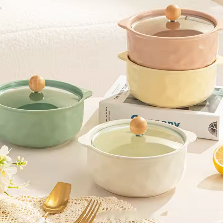 Roja Ceramic Serving Pot with Glass Lid - Ivory