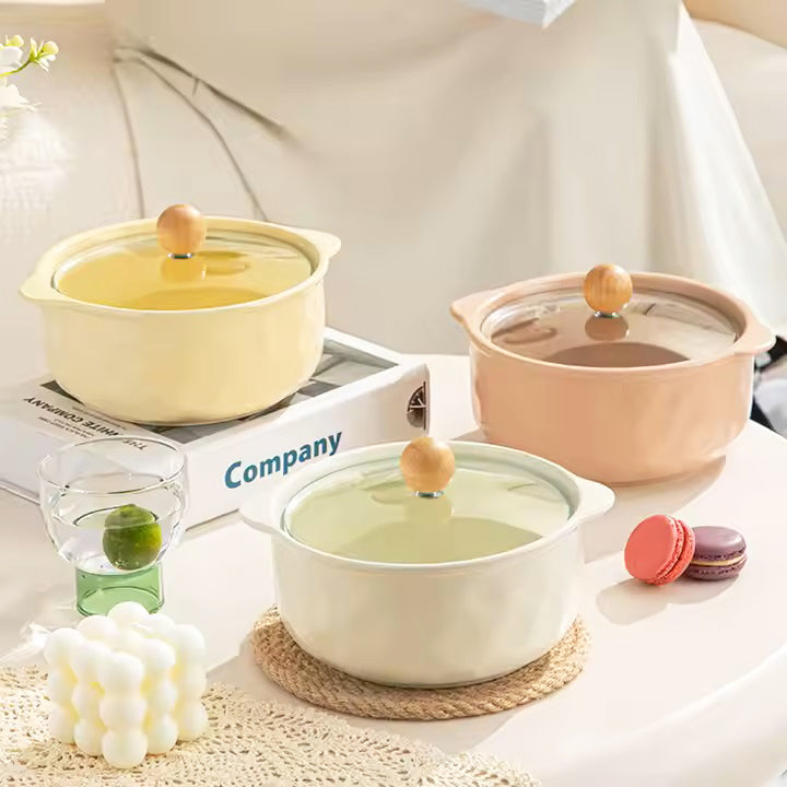 Roja Ceramic Serving Pot with Glass Lid - Ivory