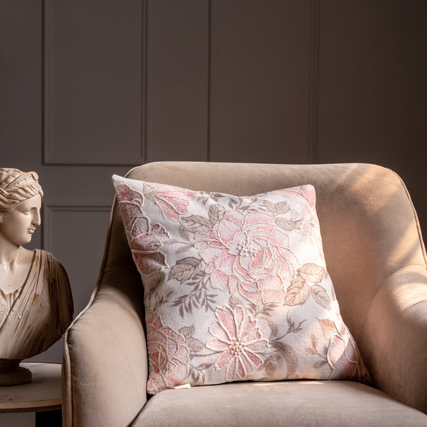 Rosa Embroidered Cushion Cover 45x45cm - Ivory Pink