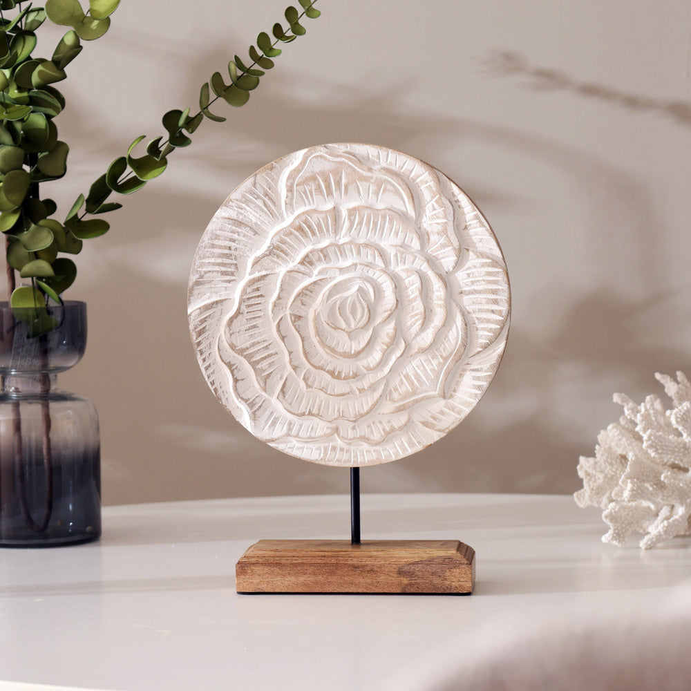 Rose Carved Wooden Sculpture - Vintage White