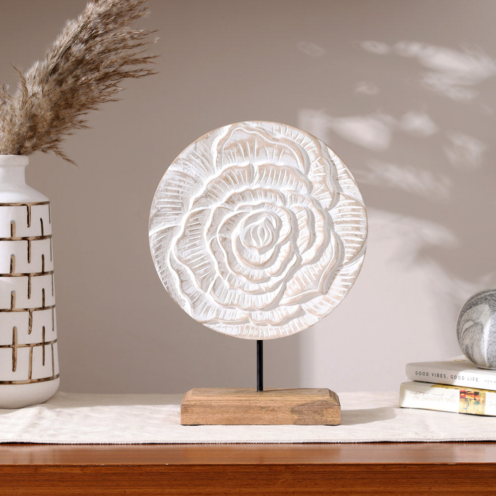Rose Carved Wooden Sculpture - Vintage White