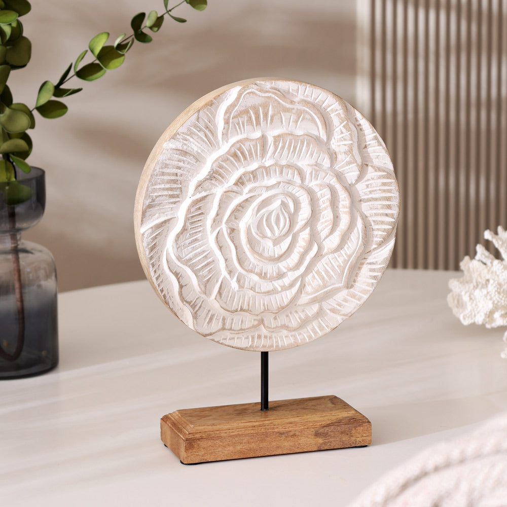 Rose Carved Wooden Sculpture - Vintage White
