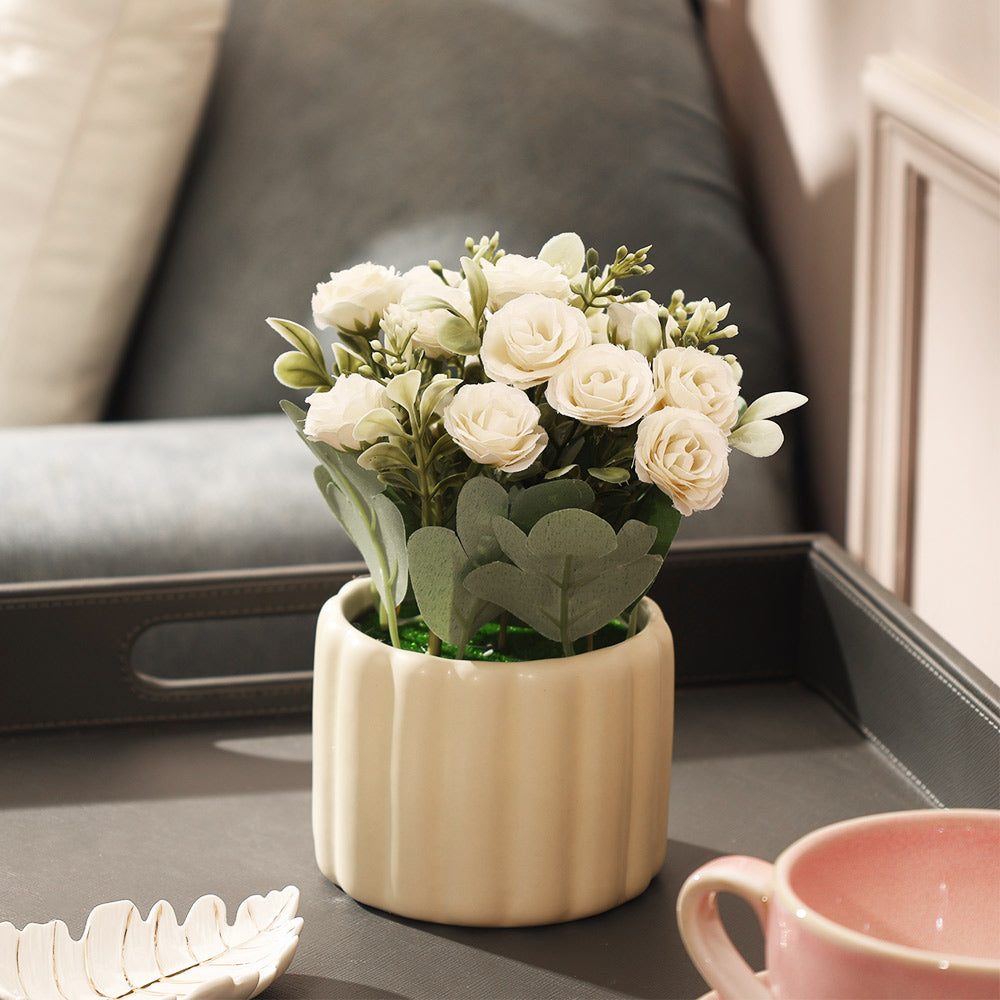 Rosebuds Artificial Potted Plant - White Cream