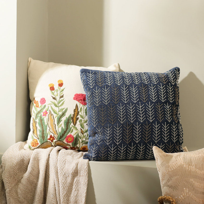 Rosemary Velvet Beaded Cushion Cover 45x45cm - Navy Blue
